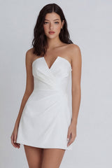 Strapless Ruched A Line Mini White Dress