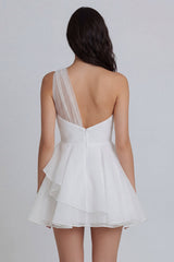 A Line One Shoulder Mini White Dress with Ruffles