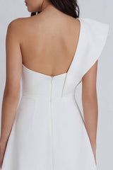 One Shoulder Ruffled A Line Mini White Dress with Slit