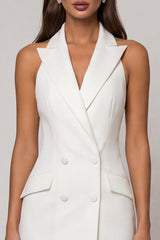 Halter Peaked Lapel White Bodycon Midi Work Dress