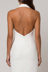 Halter Peaked Lapel White Bodycon Midi Work Dress