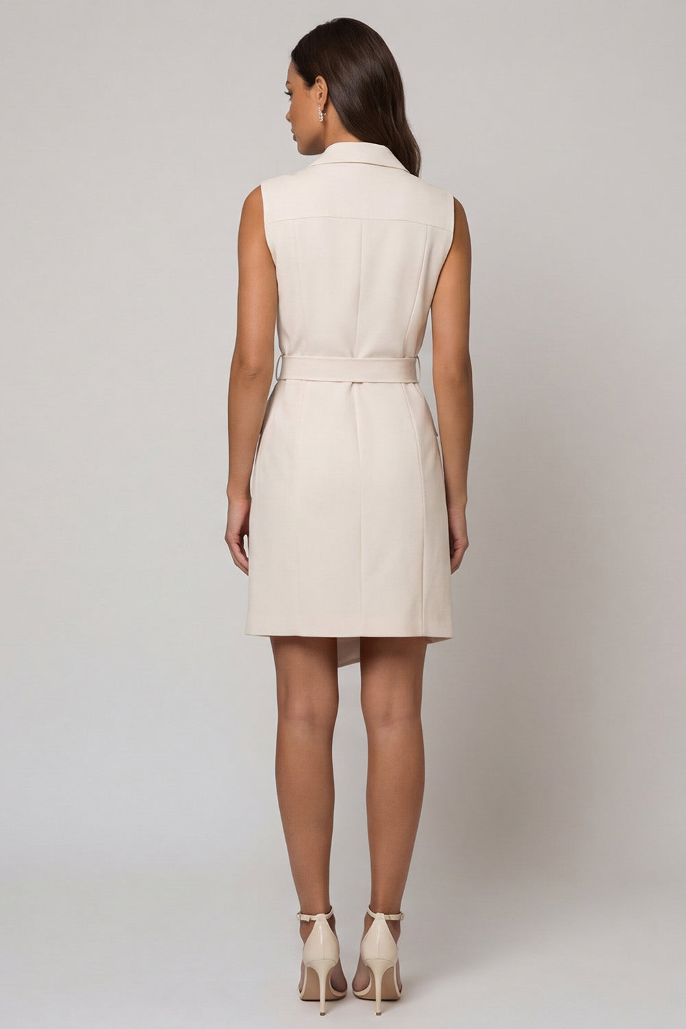 Peaked Lapel Bodycon Ivory Mini Work Dress with Sash