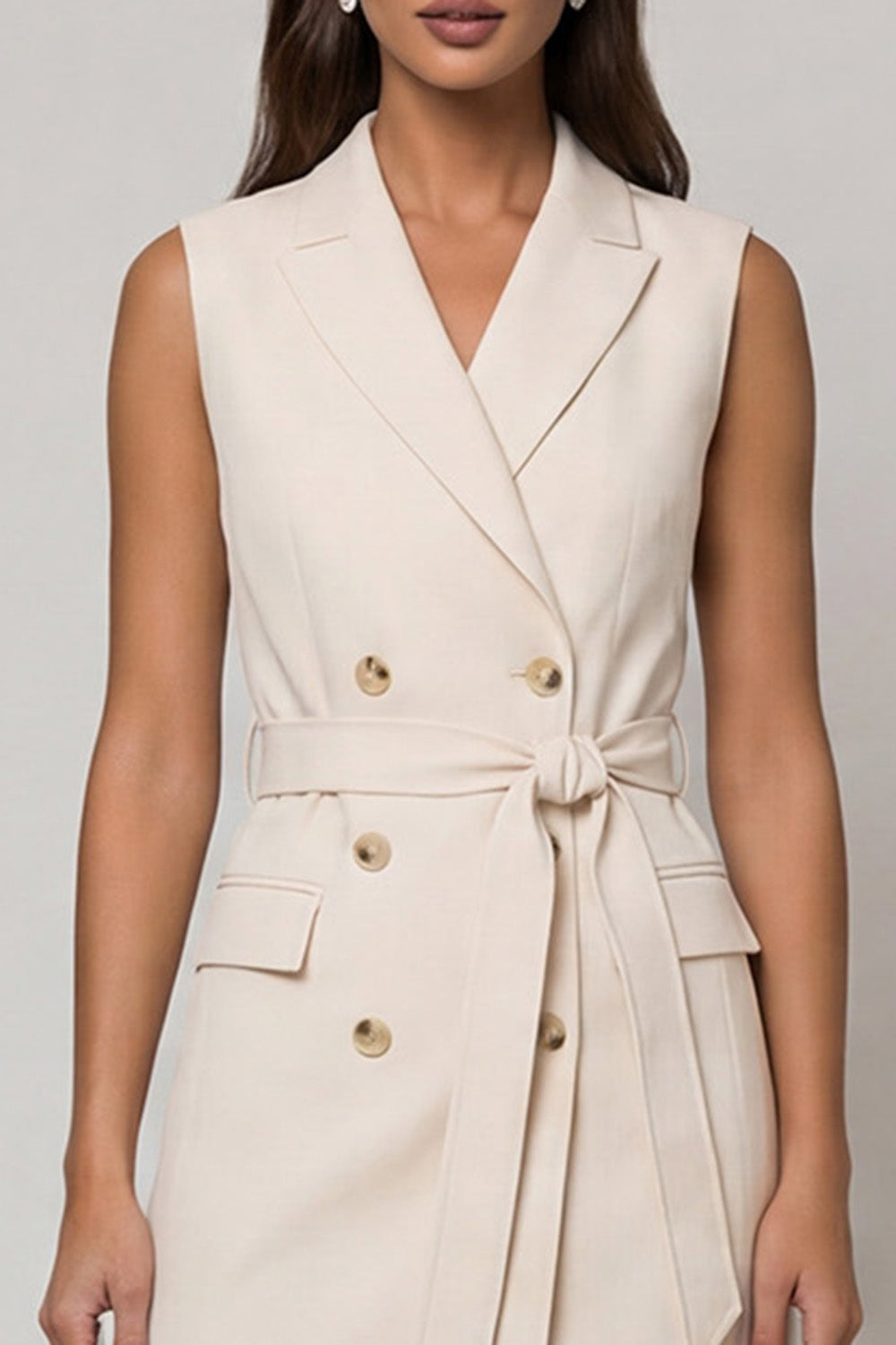 Peaked Lapel Bodycon Ivory Mini Work Dress with Sash