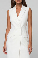 Notched Lapel White Bodycon Sleeveless Midi Work Dress