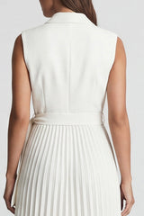 Ivory Notched Lapel A Line Pleated Midi Work Dress