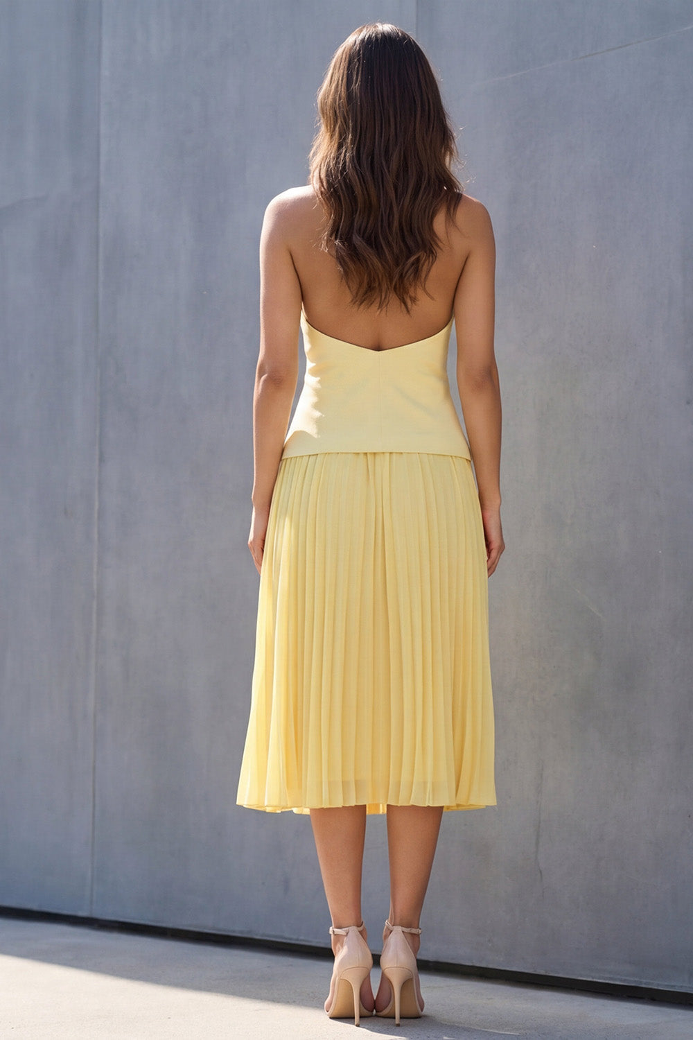 Yellow Halter 2 Piece A Line Pleated Midi Work Dress