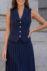 Shawl Lapel 2 Piece Pleated Navy A Line Midi Work Dress