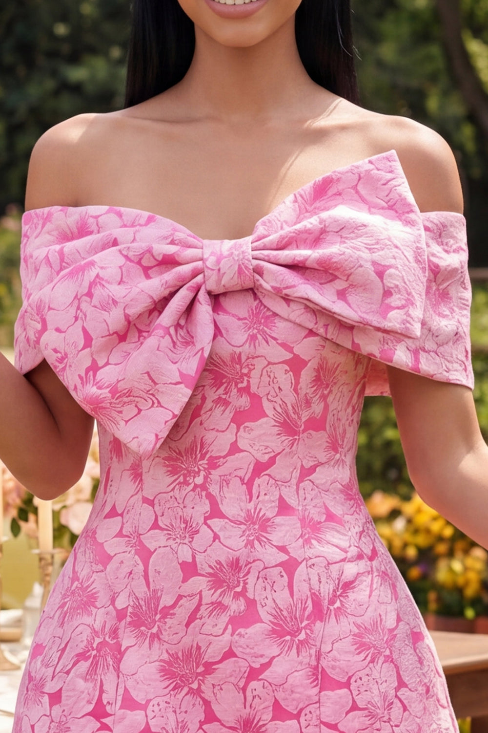 Floral Fuchsia Off the Shoulder A Line Mini Homecoming Dress with Bow