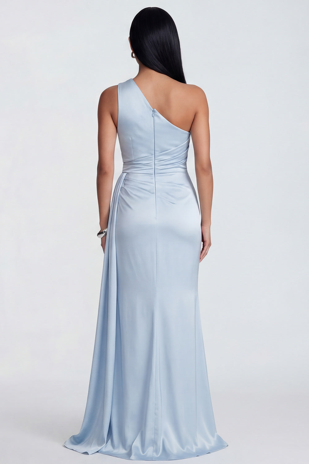 Sky Blue One Shoulder Mermaid Formal Dress with Side Streamer