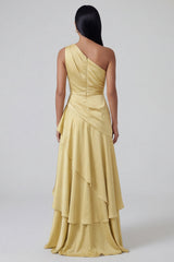 Yellow Tiered One Shoulder Ruffled Formal Dress with Slit