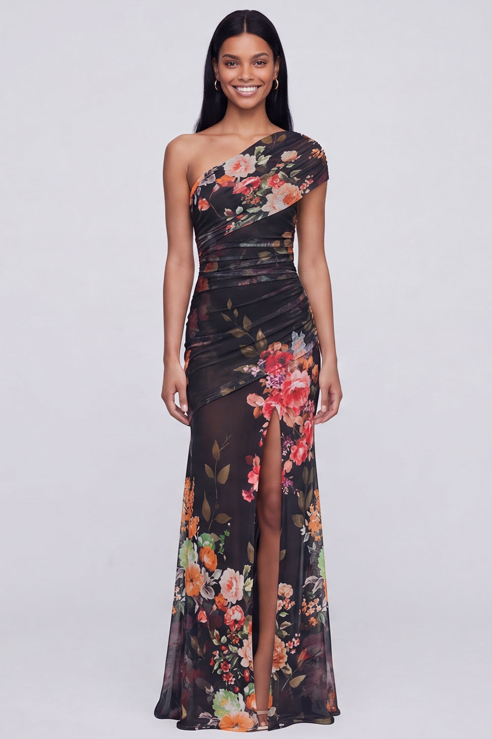 Champagne One Shoulder Floral Mermaid Wedding Guest Dress with Slit