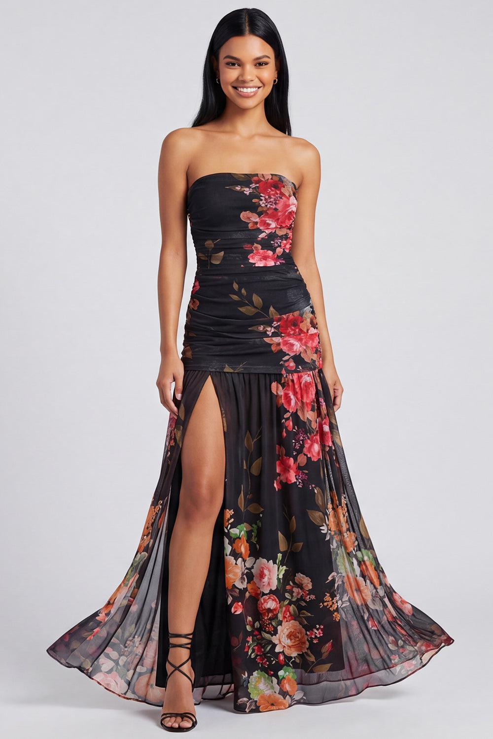 Ivory Floral Strapless Ruched Long Wedding Guest Dress with Slit