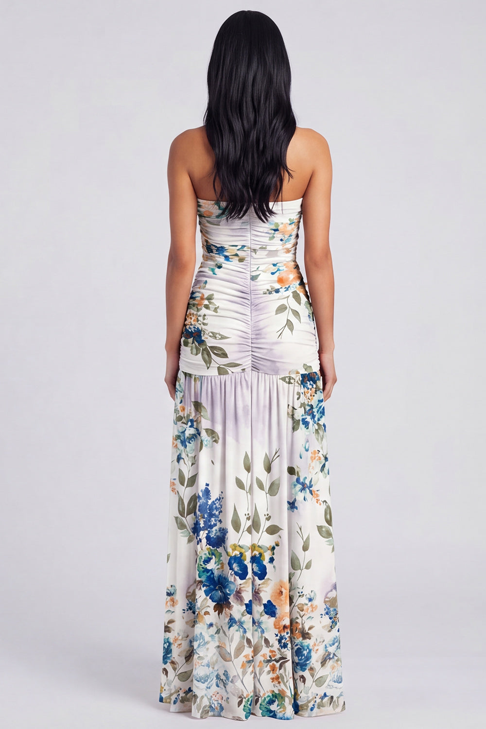 Ivory Floral Strapless Ruched Long Wedding Guest Dress with Slit