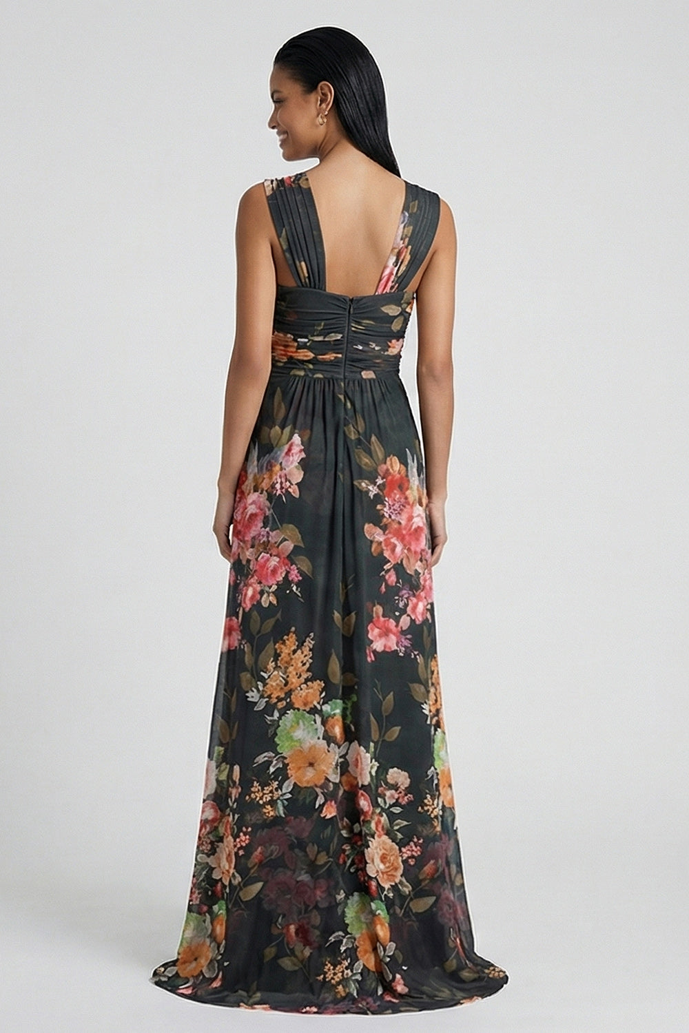 Black A Line Floral Long Wedding Guest Dress with Slit