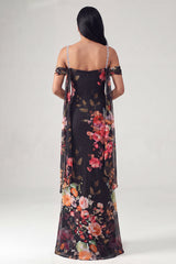 Sheath Black Cold Shoulder Floral Wedding Guest Dress with Sash