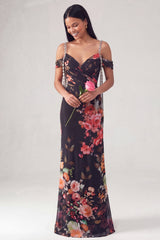 Floral Black Cold Shoulder Ruched Wedding Guest Dress
