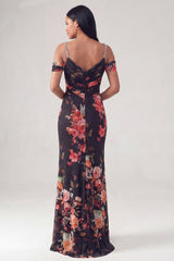Floral Black Cold Shoulder Ruched Wedding Guest Dress