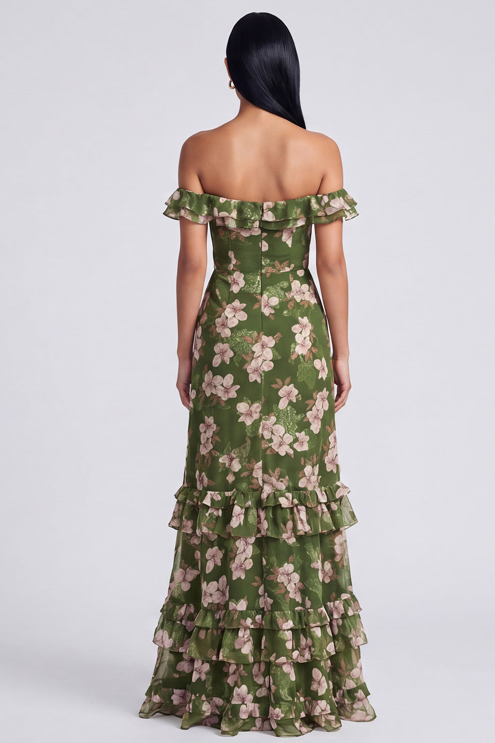 Off the Shoulder Dark Green Floral Wedding Guest Dress with Slit