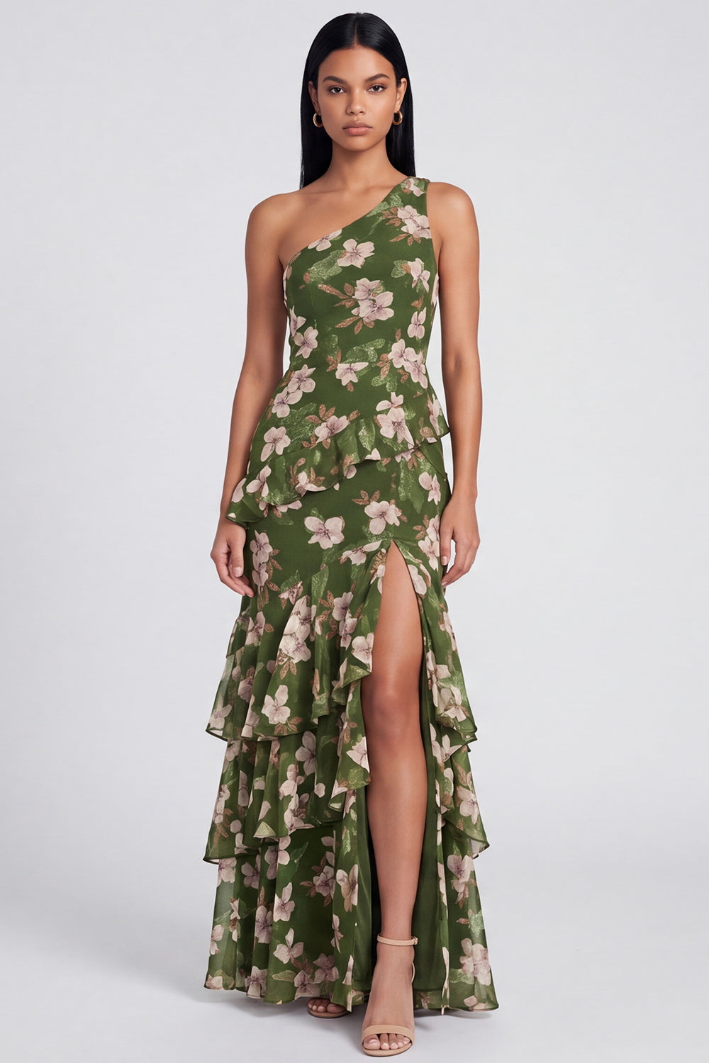 One Shoulder Mermaid Dark Green Floral Wedding Guest Dress with Slit