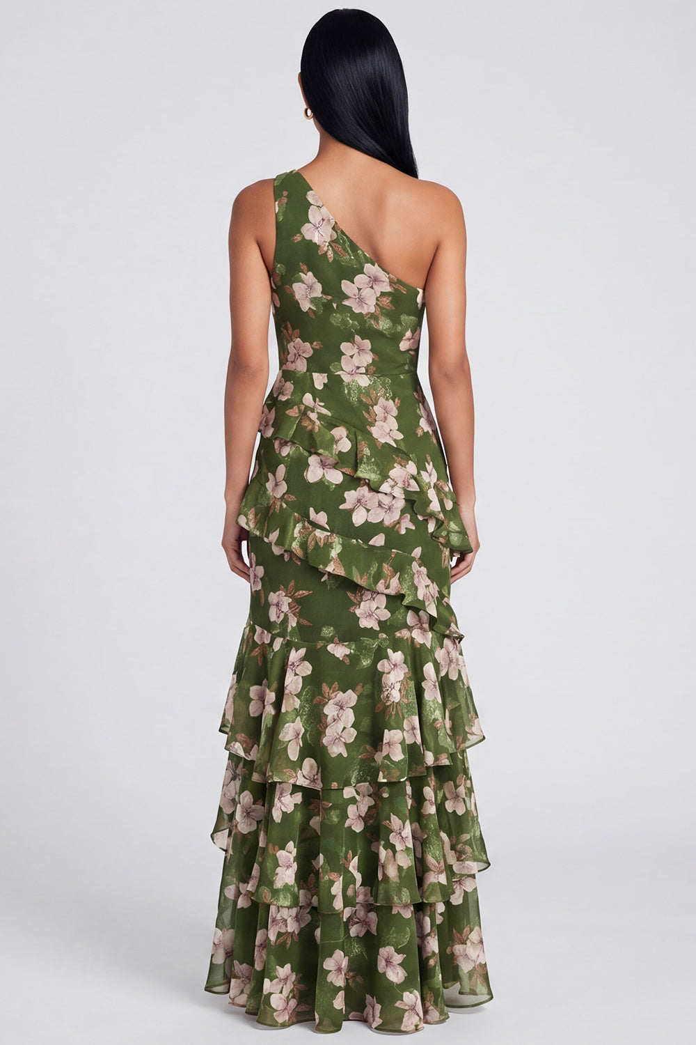 One Shoulder Mermaid Dark Green Floral Wedding Guest Dress with Slit