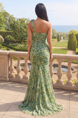 One Shoulder Dusty Green Mermaid Floral Wedding Guest Dress