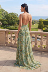 Dusty Green Cowl Neck Floral Formal Dress with Slit