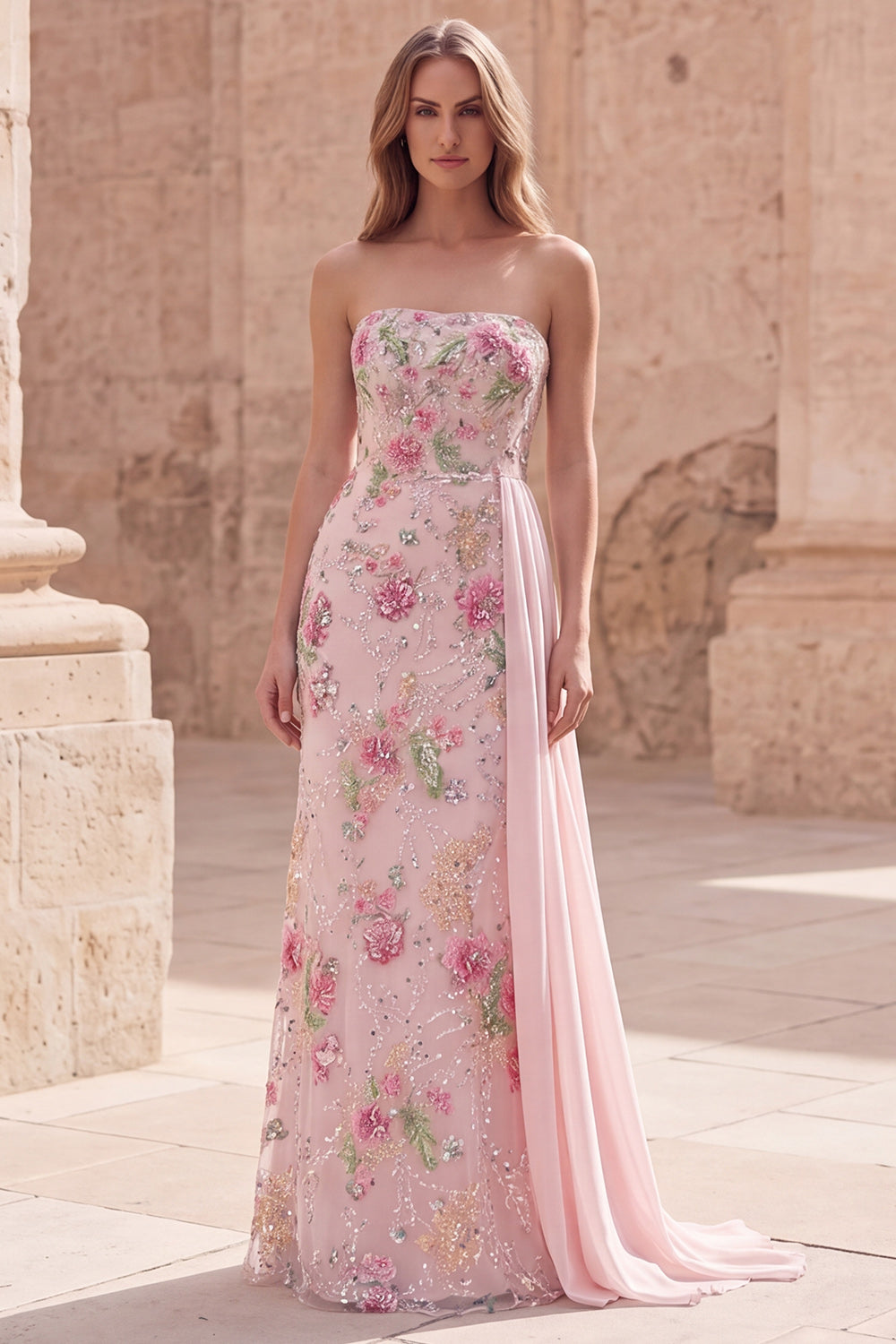 Strapless Pink Floral Sequin Mermaid Prom Dress with Side Streamer