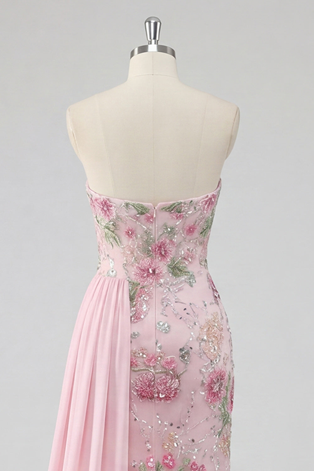 Strapless Pink Floral Sequin Mermaid Prom Dress with Side Streamer