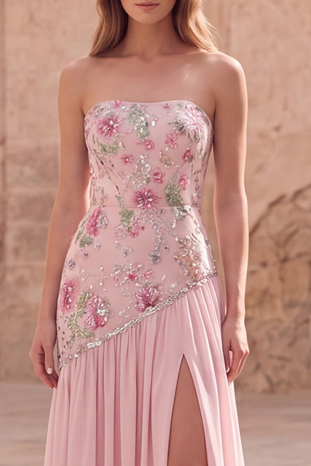 Strapless Pink Floral Sequin Prom Dress with Silt