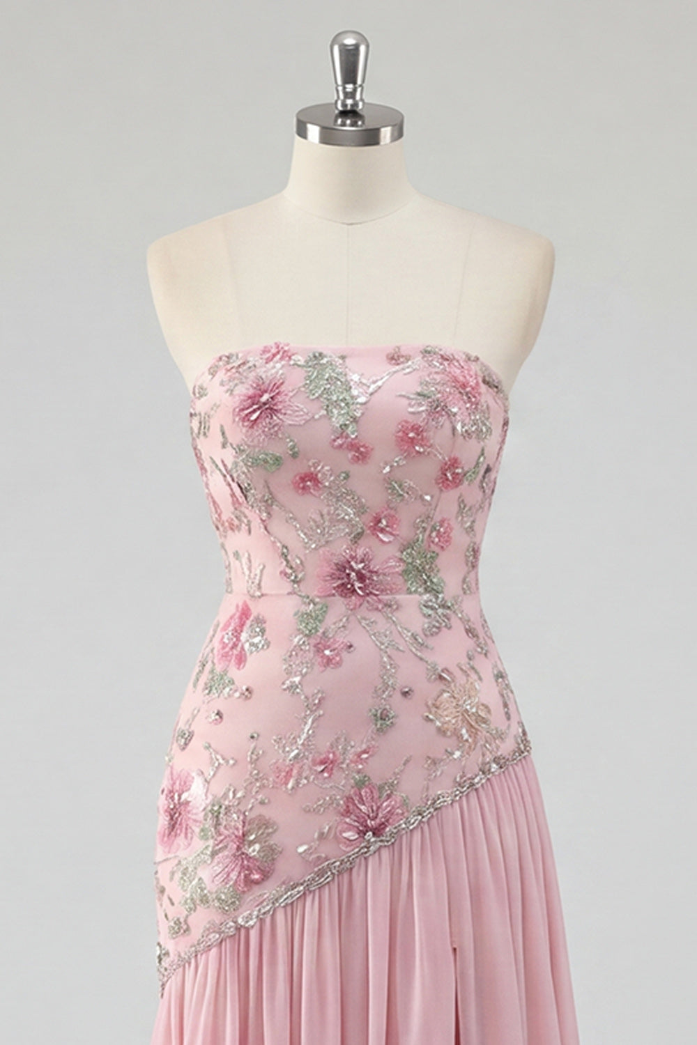Strapless Pink Floral Sequin Prom Dress with Silt