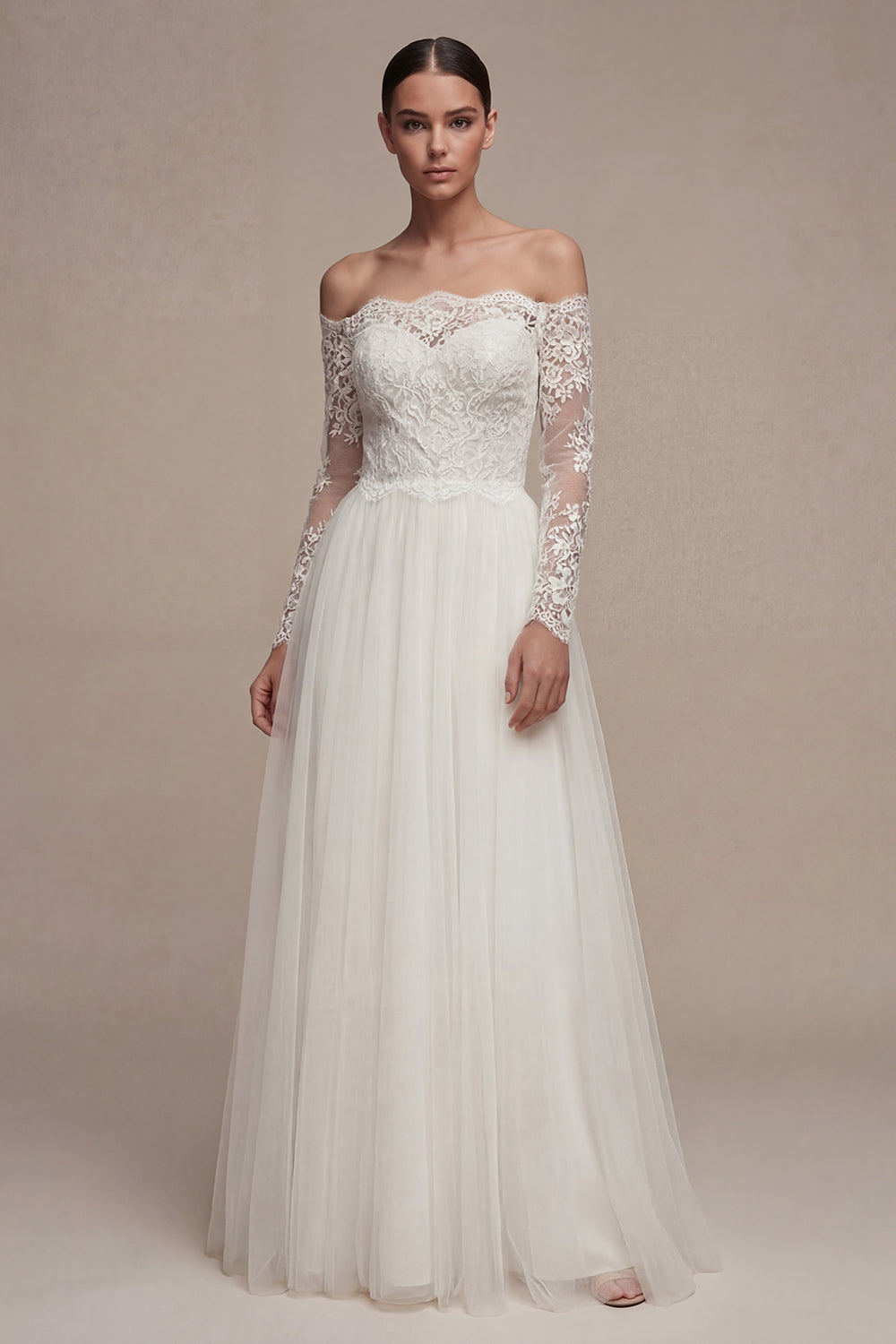 White Off the Shoulder Lace A Line Tulle Wedding Dress