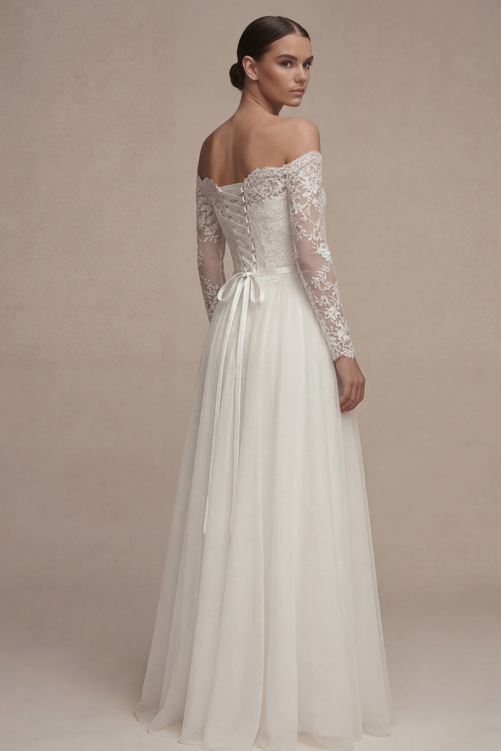 White Off the Shoulder Lace A Line Tulle Wedding Dress