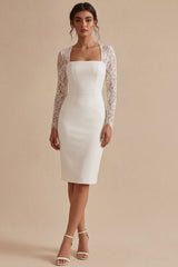 Long Sleeve Lace Bodycon White Midi Engagement Dress