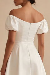 Off the Shoulder Satin A Line White Mini Engagement Dress