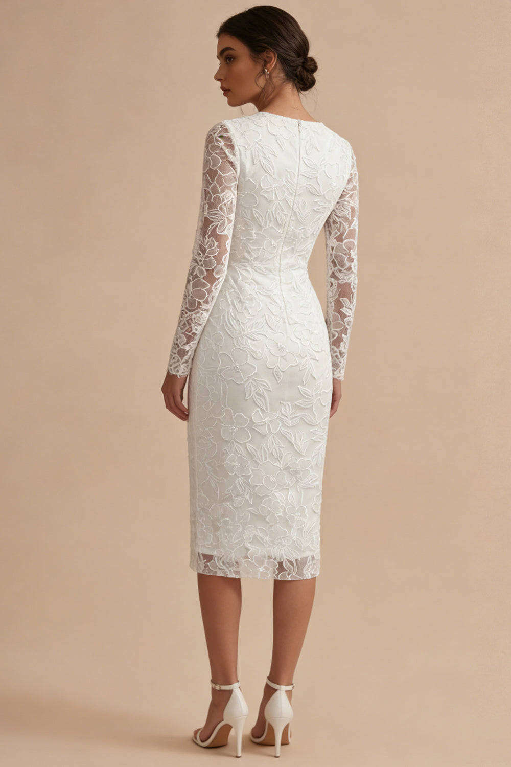 Long Sleeve Appliqued White Bodycon Midi Engagement Dress