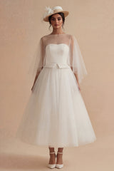 2 Piece White A Line Tulle Midi Engagement Dress