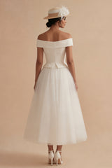 White Off the Shoulder A Line Tulle Midi Engagement Dress