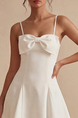 Bowed Satin Spaghetti Straps A Line Mini White Dress