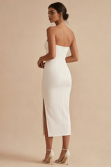 Strapless Bodycon Midi White Dress with Slit