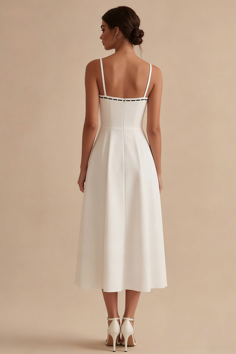 A Line Bowed Spaghetti Straps Midi White Dress