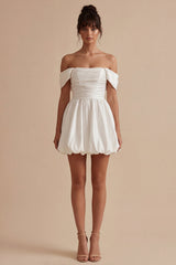 Off the Shoulder A Line Ruched Mini White Dress