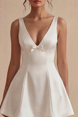 A Line Satin V Neck Mini White Dress