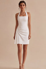 Halter Ruched Bodycon Mini White Dress