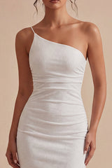 Glitter One Shoulder Bodycon Midi White Dress
