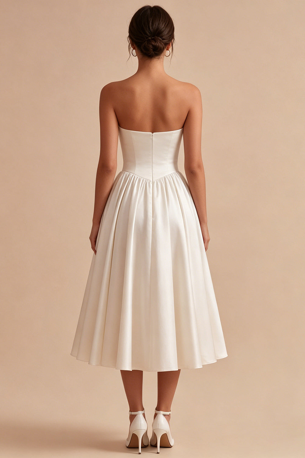 Strapless A Line Pleated Satin Midi White Dress