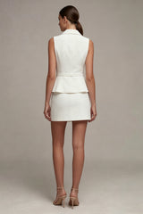 Notched Lapel White 2 Piece Work Dress with Belt