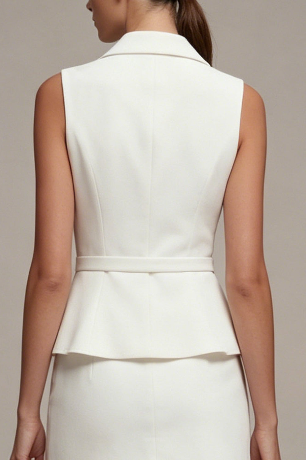 Notched Lapel White 2 Piece Work Dress with Belt