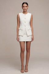 Round Neck White 2 Piece Bodycon Work Dress with Pearls