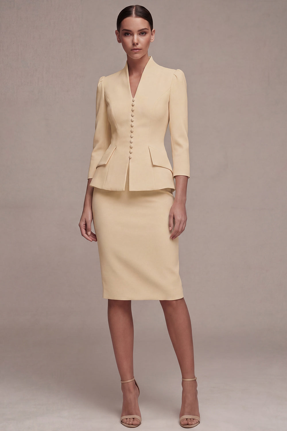 Ivory 2 Piece Single Breasted Bodycon Midi Work Dress with 3/4 Sleeves