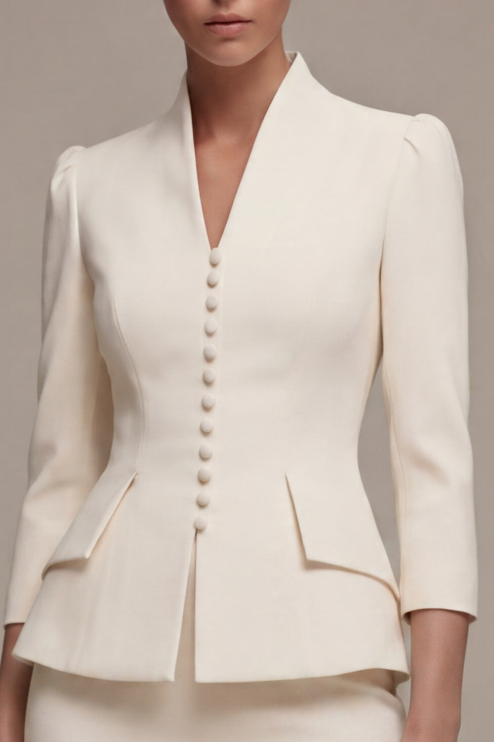 Ivory 2 Piece Single Breasted Bodycon Midi Work Dress with 3/4 Sleeves